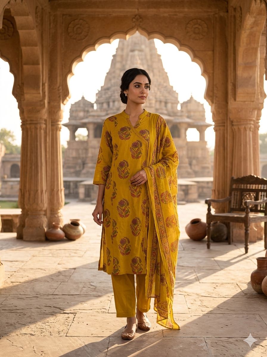 Mustard Block-Print 3-Piece Kurta Set/CSP018